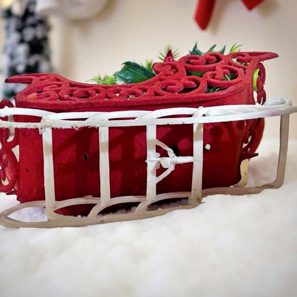 Vintage Flocked Santa Sleigh Centerpiece | 1950s Christmas Decor | Plastic Santa - Picture 5 of 5